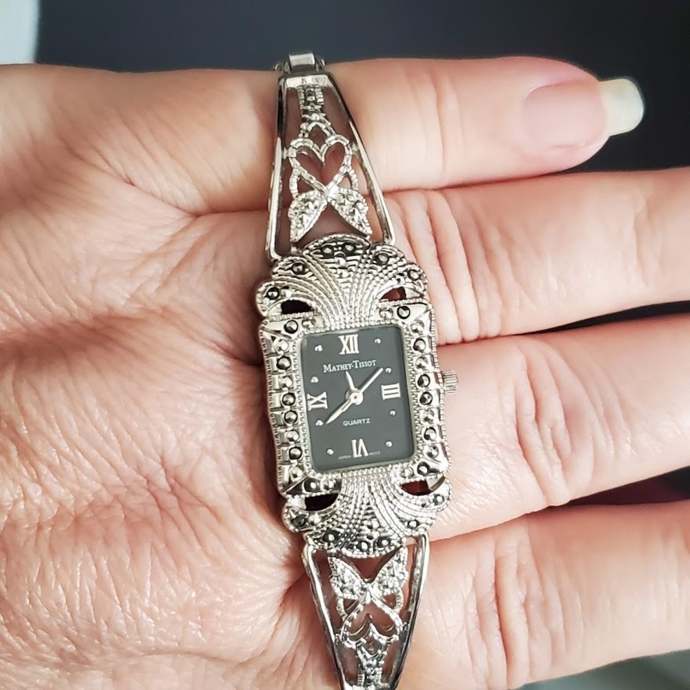 Mathey-Tissot Art Deco Marcasite Filigree Silver Tone Watch Black Dial Running - Picture 2 of 10
